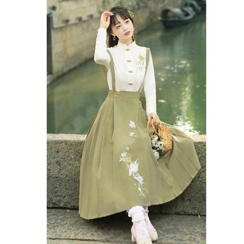 【楓竹---綠意シリーズ】★チャイナ風セットアップ★ 2点セット シャツ+つりスカート 中華服 デート 通勤 - ChinChic