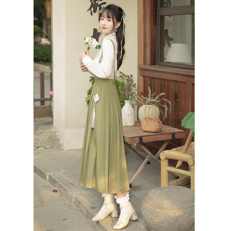 【楓竹---綠意シリーズ】★チャイナ風セットアップ★ 2点セット シャツ+つりスカート 中華服 デート 通勤 - ChinChic