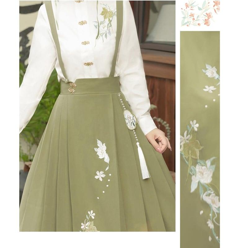 【楓竹---綠意シリーズ】★チャイナ風セットアップ★ 2点セット シャツ+つりスカート 中華服 デート 通勤 - ChinChic