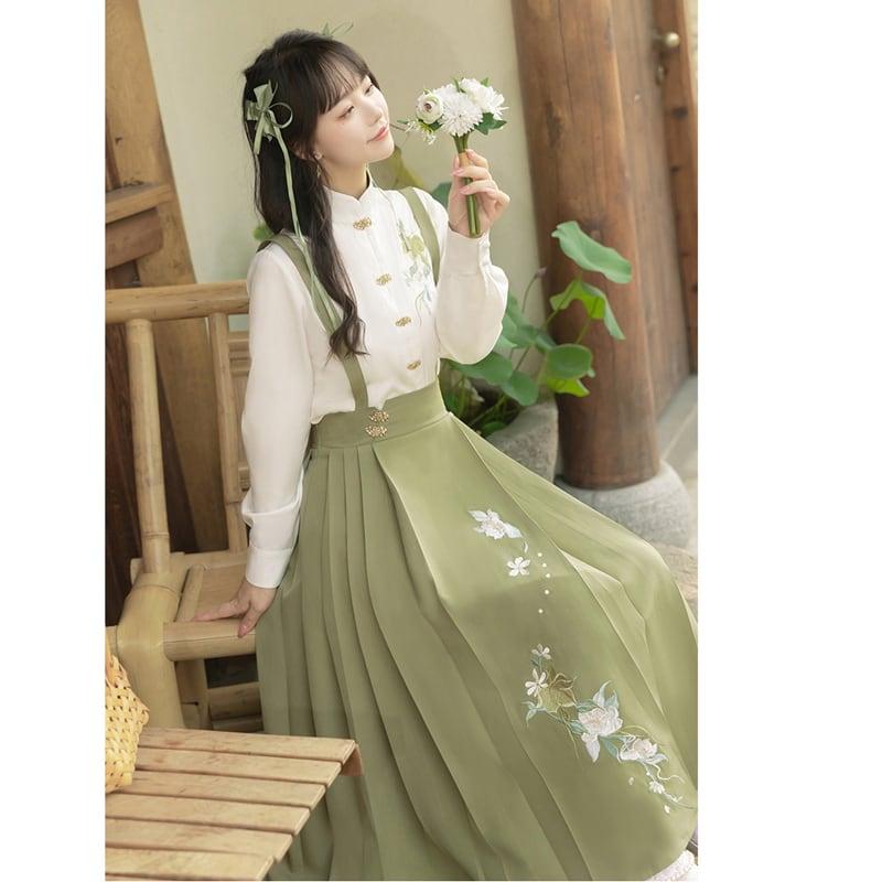【楓竹---綠意シリーズ】★チャイナ風セットアップ★ 2点セット シャツ+つりスカート 中華服 デート 通勤 - ChinChic