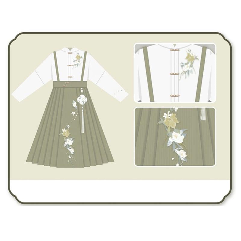 【楓竹---綠意シリーズ】★チャイナ風セットアップ★ 2点セット シャツ+つりスカート 中華服 デート 通勤 - ChinChic