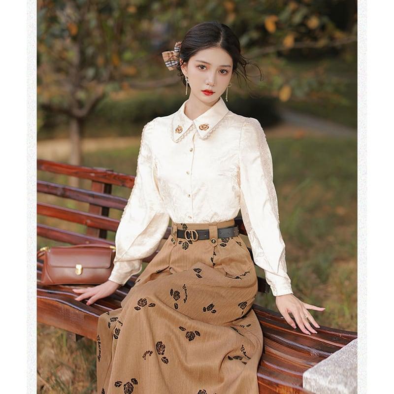 【華莎の城シリーズ】★セットアップ★ 2点セット シャツ+スカート 通勤 デート レトロ S M L XL - ChinChic