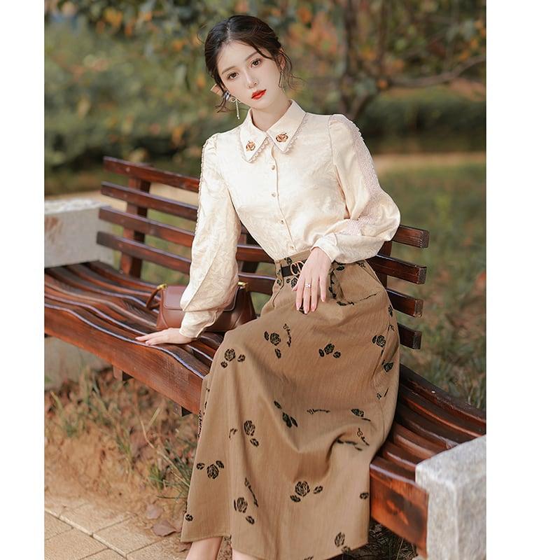 【華莎の城シリーズ】★セットアップ★ 2点セット シャツ+スカート 通勤 デート レトロ S M L XL - ChinChic