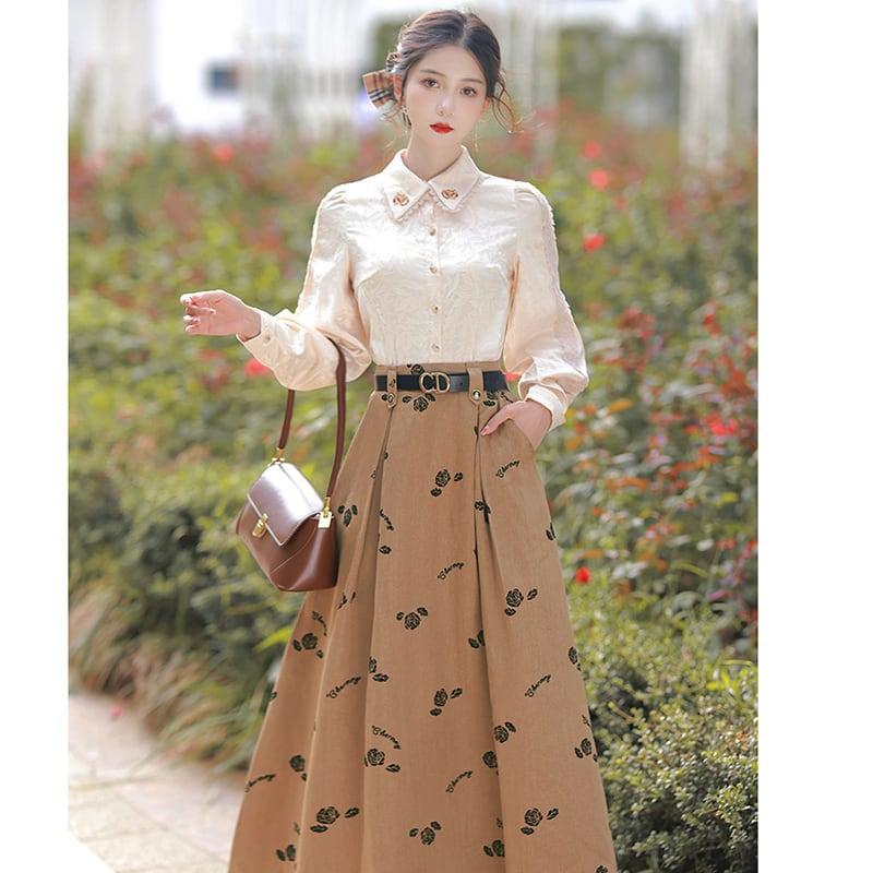 【華莎の城シリーズ】★セットアップ★ 2点セット シャツ+スカート 通勤 デート レトロ S M L XL - ChinChic