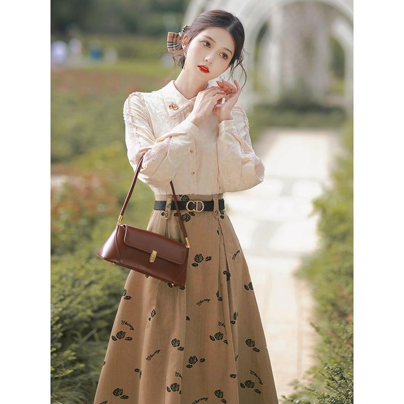 【華莎の城シリーズ】★セットアップ★ 2点セット シャツ+スカート 通勤 デート レトロ S M L XL - ChinChic