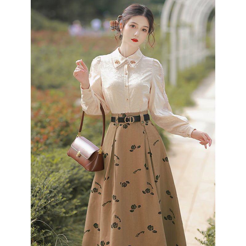【華莎の城シリーズ】★セットアップ★ 2点セット シャツ+スカート 通勤 デート レトロ S M L XL - ChinChic