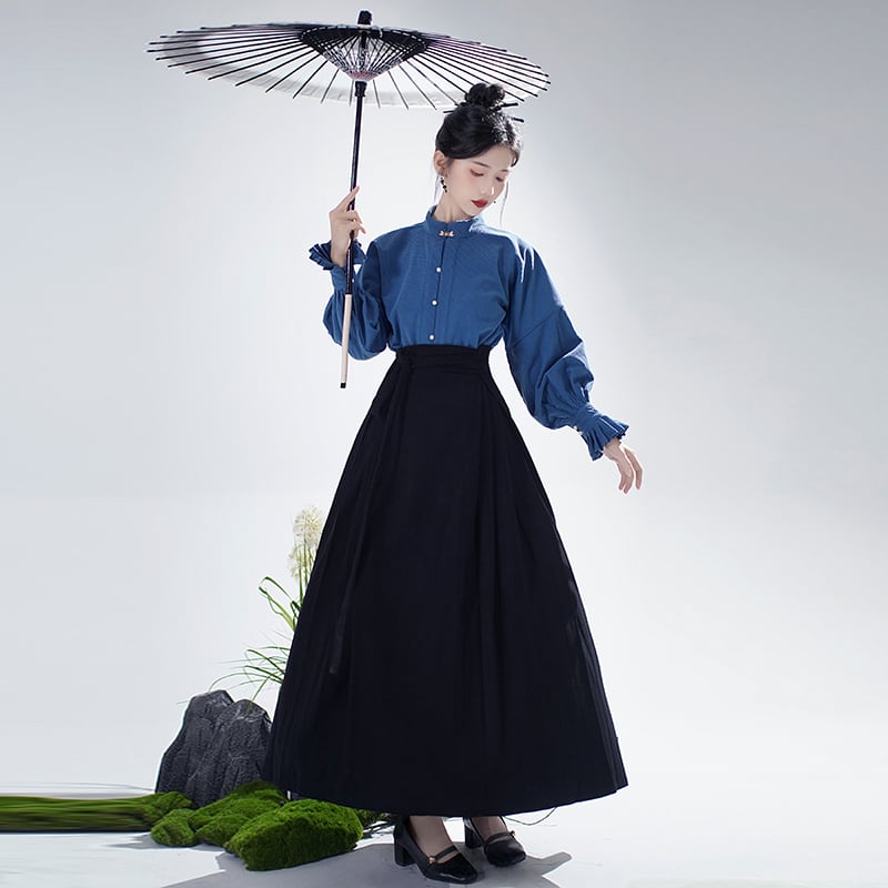 【WUJIAシリーズ】チャイナ風シャツ 長袖 トップス 気質アップ ブルー 青 合わせやすい S M L XL