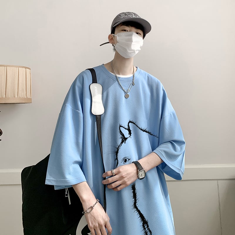 【CEXUシリーズ】3色展開 七分袖 Tシャツ 男女兼用 大きいサイズ 猫柄 黒 白 青
