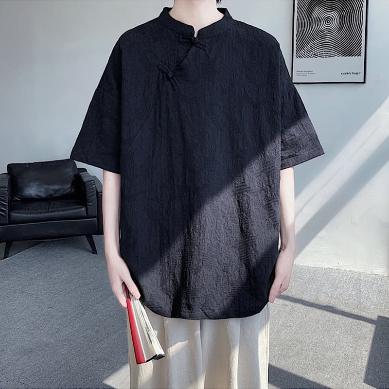 【TIANYIシリーズ】チャイナ風トップス 半袖シャツ 男女兼用 大きいサイズ 3色展開 緑 黒 白