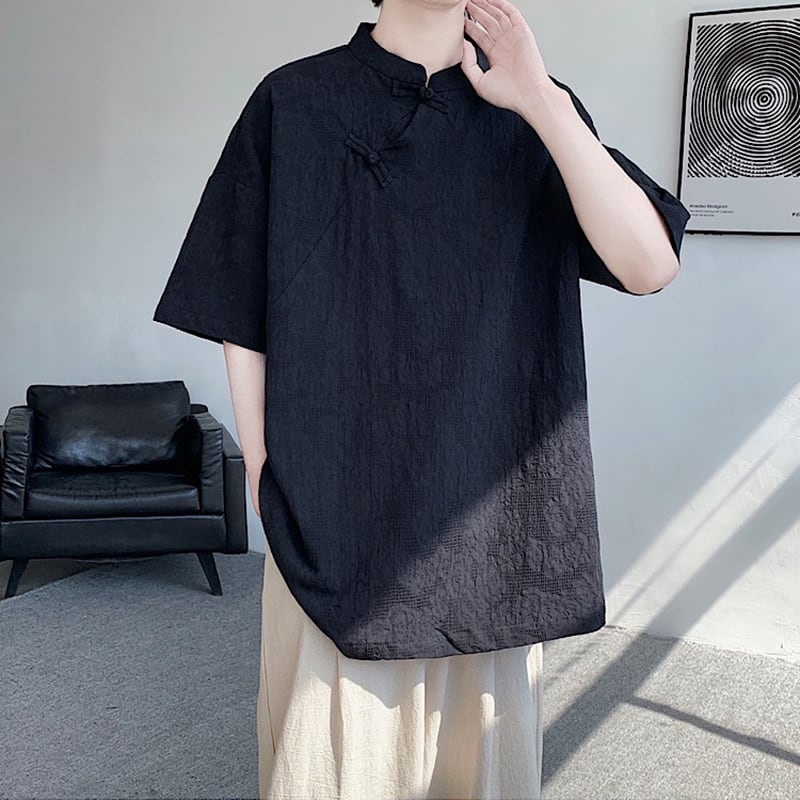 【TIANYIシリーズ】チャイナ風トップス 半袖シャツ 男女兼用 大きいサイズ 3色展開 緑 黒 白