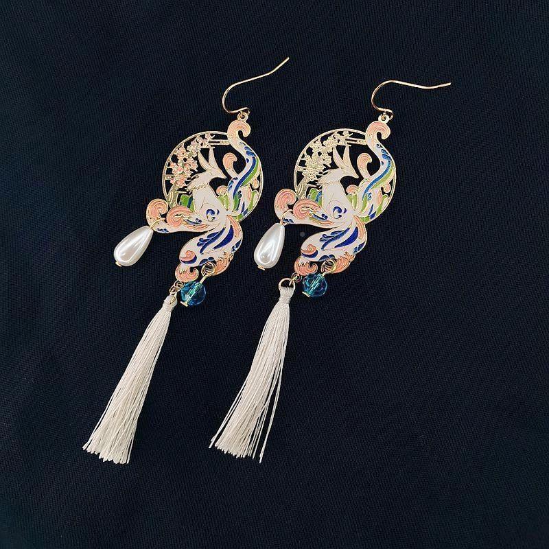 【21SHIPINシリーズ】★耳飾り★ ペア ピアスORイヤリング アクセサリー レディース レトロ ロング丈 キツネ フリンジ - ChinChic