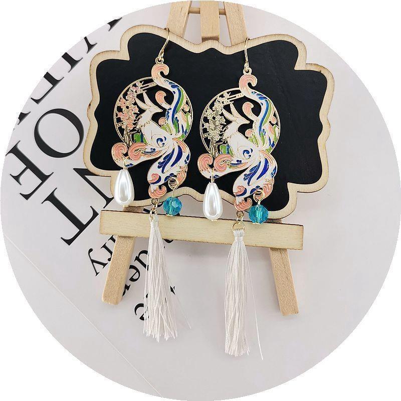 【21SHIPINシリーズ】★耳飾り★ ペア ピアスORイヤリング アクセサリー レディース レトロ ロング丈 キツネ フリンジ - ChinChic
