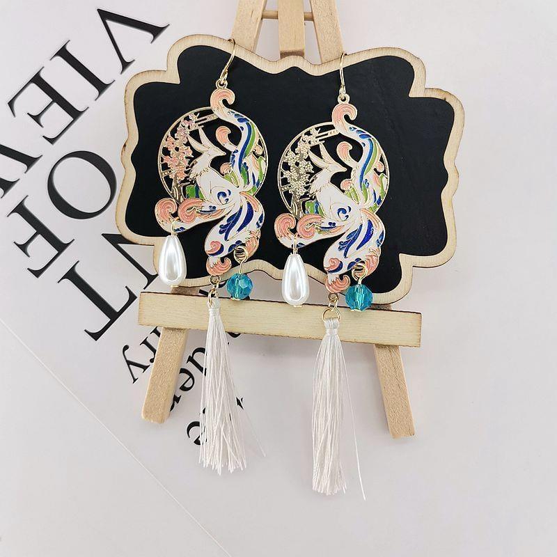 【21SHIPINシリーズ】★耳飾り★ ペア ピアスORイヤリング アクセサリー レディース レトロ ロング丈 キツネ フリンジ - ChinChic