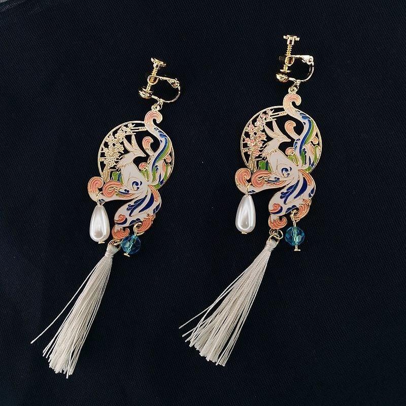 【21SHIPINシリーズ】★耳飾り★ ペア ピアスORイヤリング アクセサリー レディース レトロ ロング丈 キツネ フリンジ - ChinChic