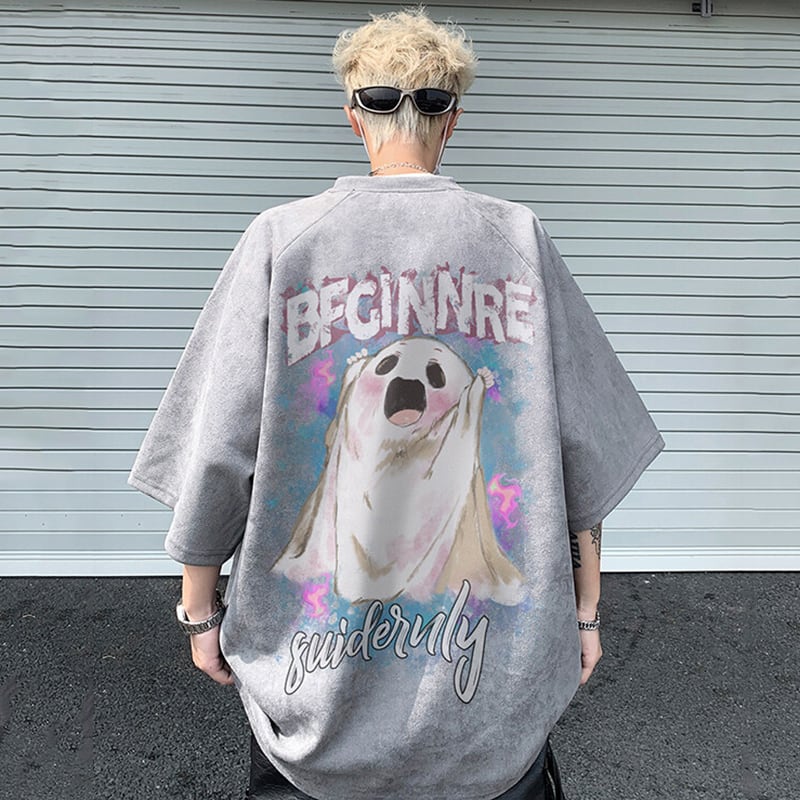 【KADISHOUシリーズ】カートゥーン 幽霊 スエード Tシャツ 男女兼用 大きいサイズ 4色 トップス