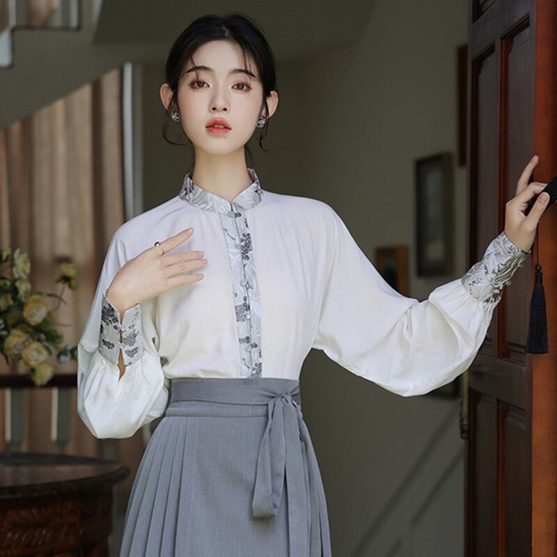 【WUJIAシリーズ】チャイナ風長袖シャツ トップス 漢元素 夏服 気質アップ S M L 切り替え