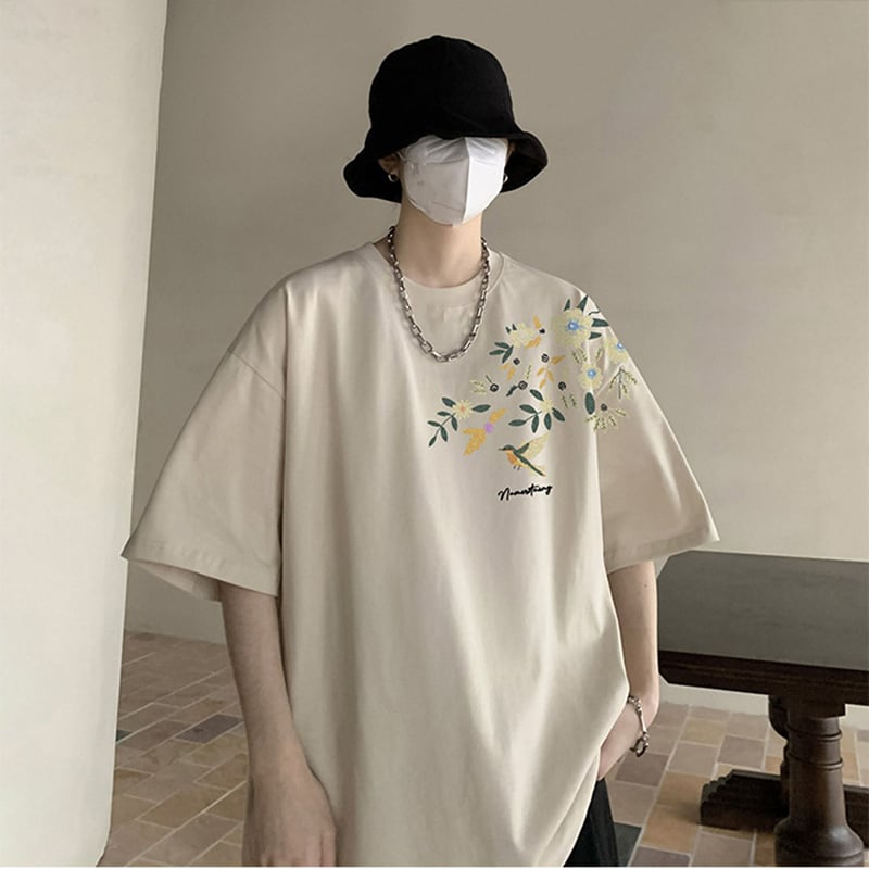 【KADISHOUシリーズ】チャイナ風トップス Tシャツ 半袖 男女兼用 大きいサイズ コットン 鳥 花柄 9色展開