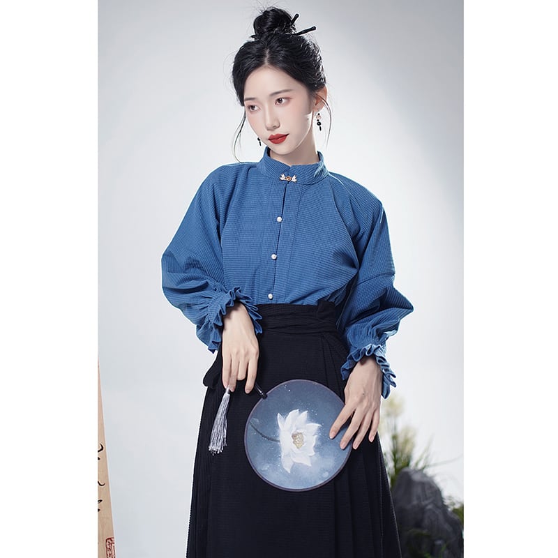 【WUJIAシリーズ】チャイナ風シャツ 長袖 トップス 気質アップ ブルー 青 合わせやすい S M L XL