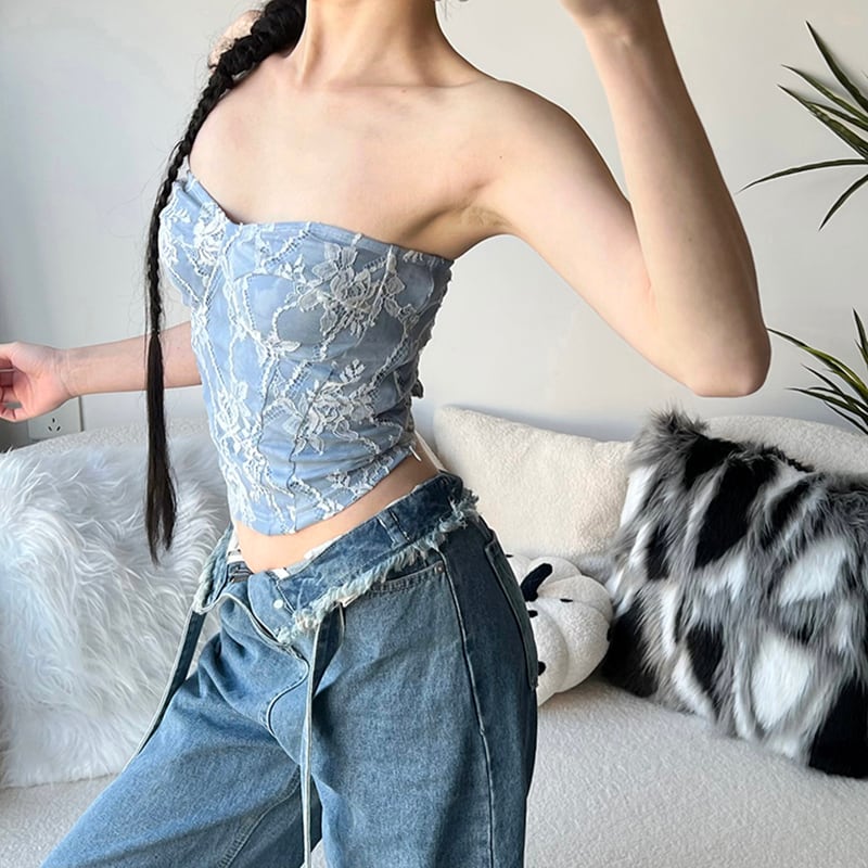 【KLIOUシリーズ】トップス Tシャツ キャミソール 着痩せ セクシー 個性的 レース ミニ丈 ブルー 青