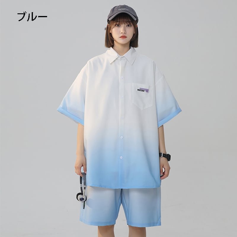 【藤伊曼シリーズ】4色 シャツ+短パン セットアップ 半袖 男女兼用 大きいサイズ グラデーション