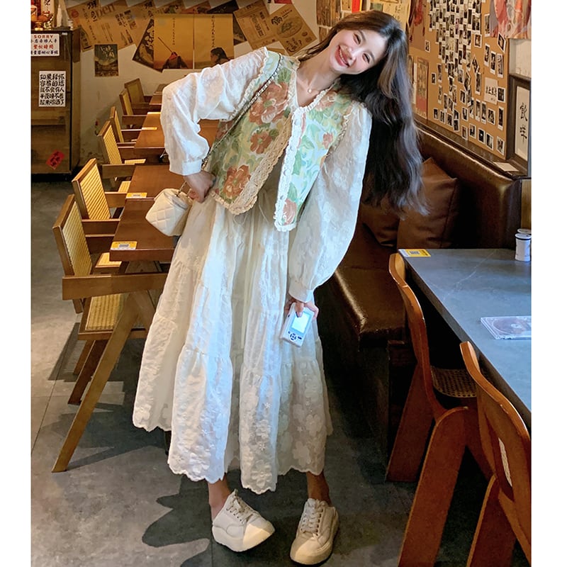 【MOBAIシリーズ】チャイナ風ワンピース 2点セット ワンピース&ベスト 花柄 レディース デート用 可愛い
