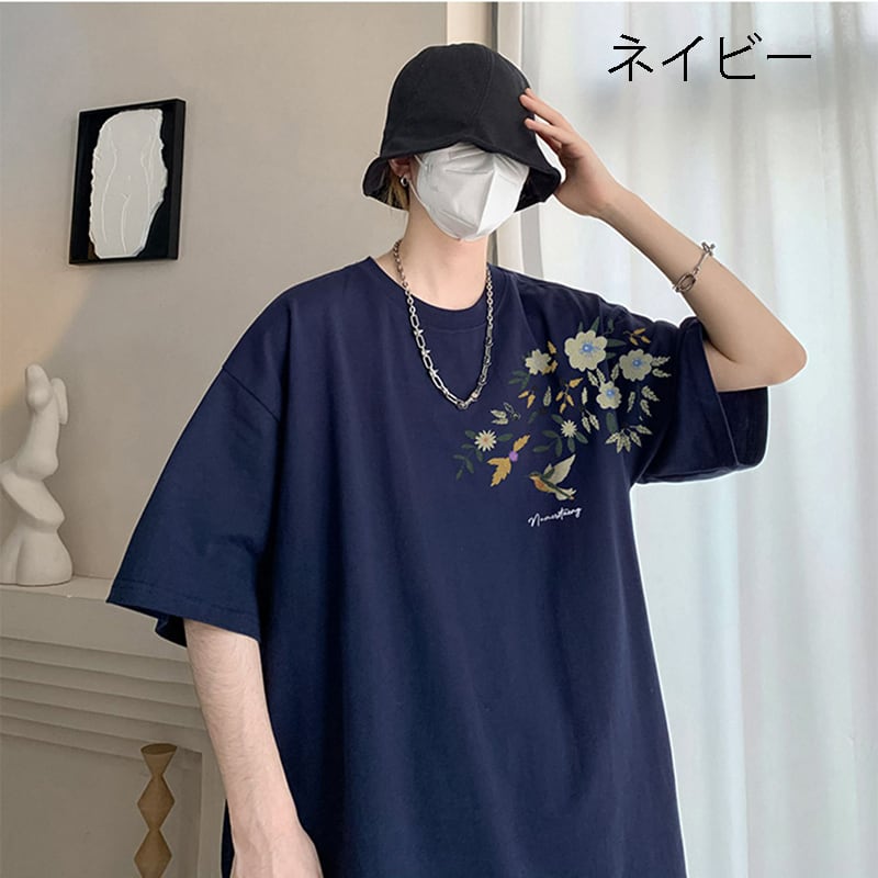 【KADISHOUシリーズ】チャイナ風トップス Tシャツ 半袖 男女兼用 大きいサイズ コットン 鳥 花柄 9色展開