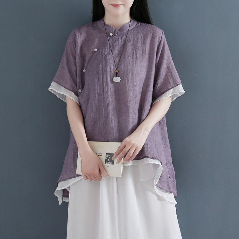 【清裊シリーズ】★チャイナ風トップス★ 2COLOR 中華服 改良唐装 青緑色 シンプル 灰緑色 パープル 気質アップ - ChinChic