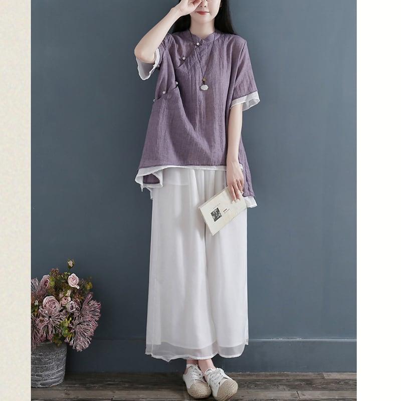 【清裊シリーズ】★チャイナ風トップス★ 2COLOR 中華服 改良唐装 青緑色 シンプル 灰緑色 パープル 気質アップ - ChinChic
