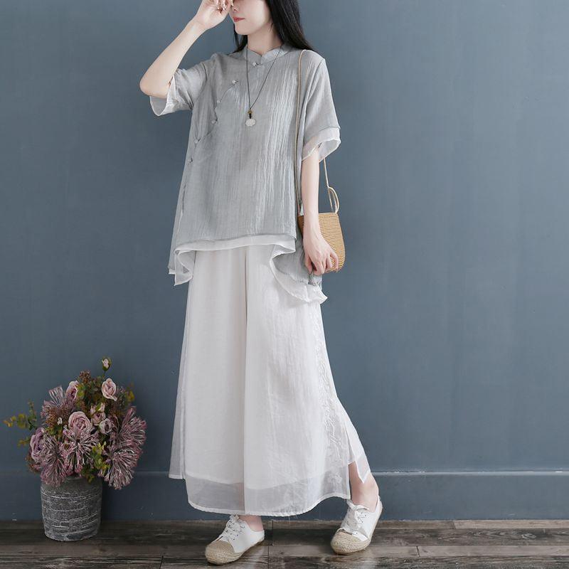 【清裊シリーズ】★チャイナ風トップス★ 2COLOR 中華服 改良唐装 青緑色 シンプル 灰緑色 パープル 気質アップ - ChinChic
