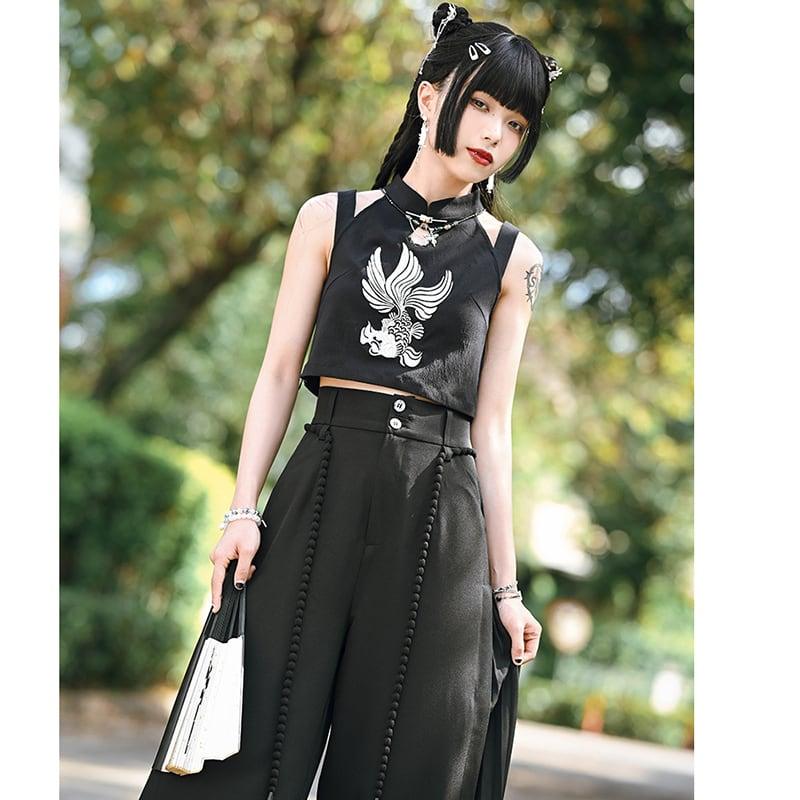 【古怪舍---溯遊シリーズ】★チャイナ風トップス★ タンクトップ 2COLOR ミニ丈 ブラック 黒い セクシー - ChinChic
