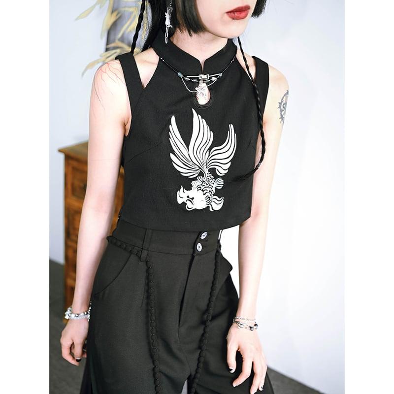 【古怪舍---溯遊シリーズ】★チャイナ風トップス★ タンクトップ 2COLOR ミニ丈 ブラック 黒い セクシー - ChinChic
