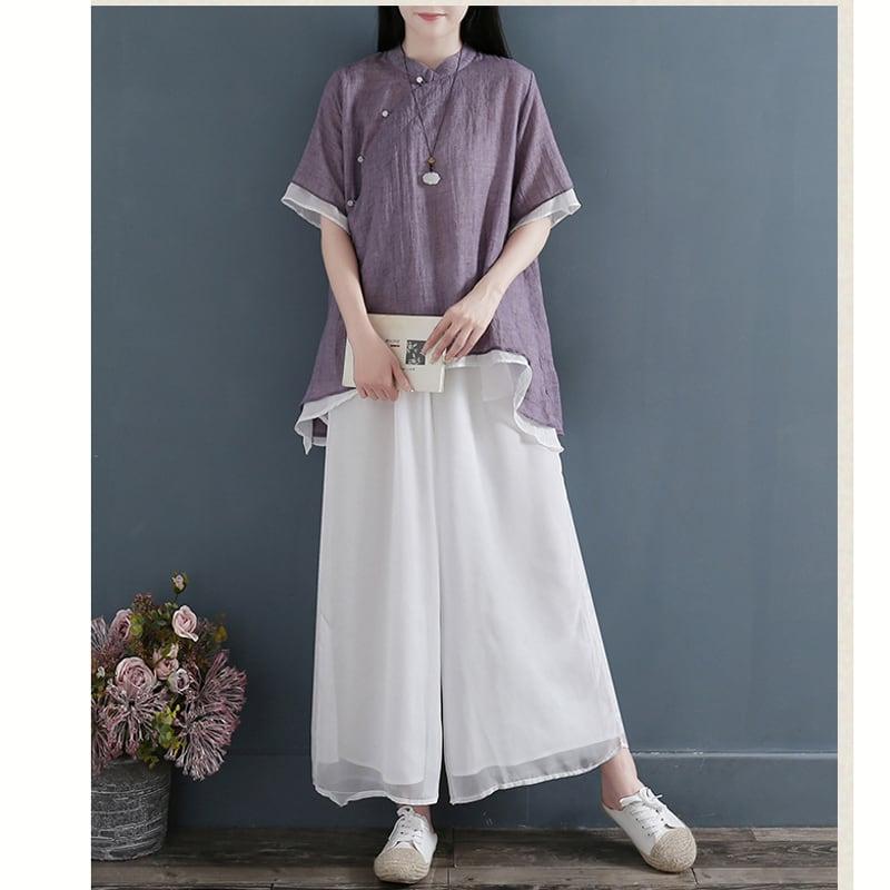 【清裊シリーズ】★チャイナ風トップス★ 2COLOR 中華服 改良唐装 青緑色 シンプル 灰緑色 パープル 気質アップ - ChinChic