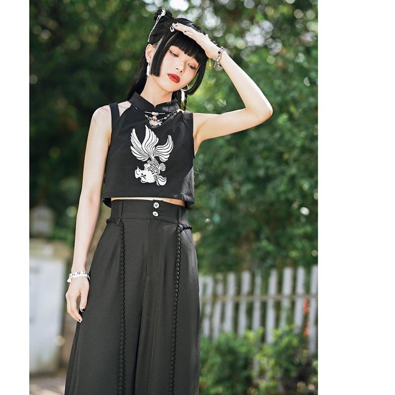【古怪舍---溯遊シリーズ】★チャイナ風トップス★ タンクトップ 2COLOR ミニ丈 ブラック 黒い セクシー - ChinChic