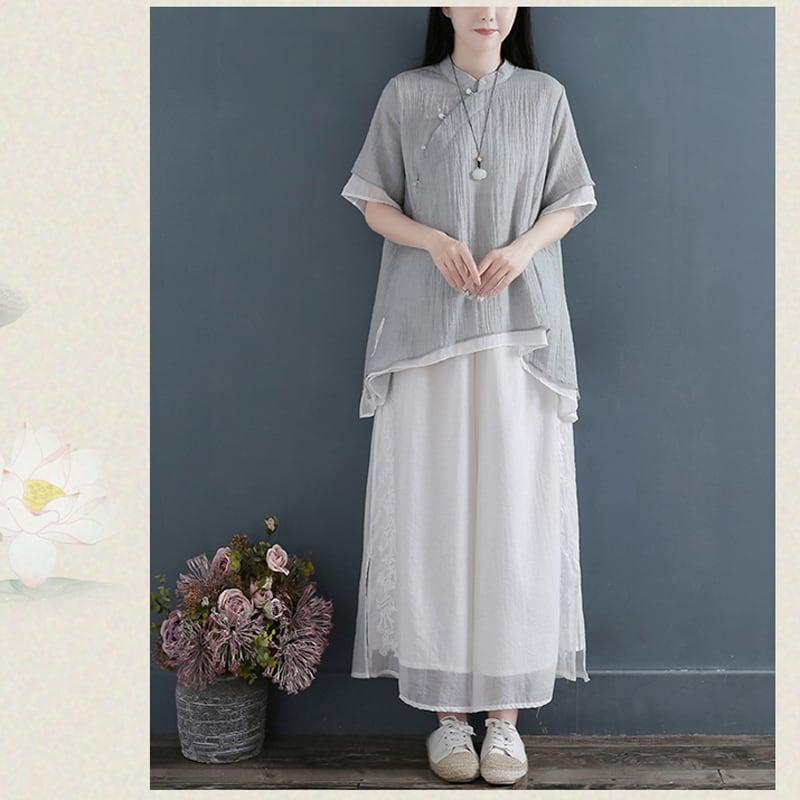 【清裊シリーズ】★チャイナ風トップス★ 2COLOR 中華服 改良唐装 青緑色 シンプル 灰緑色 パープル 気質アップ - ChinChic