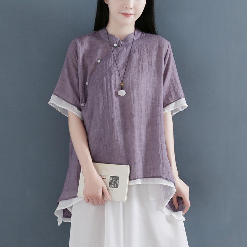 【清裊シリーズ】★チャイナ風トップス★ 2COLOR 中華服 改良唐装 青緑色 シンプル 灰緑色 パープル 気質アップ - ChinChic