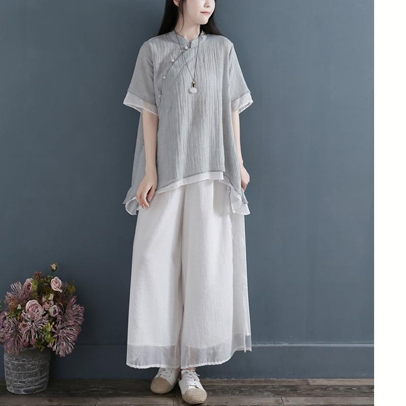 【清裊シリーズ】★チャイナ風トップス★ 2COLOR 中華服 改良唐装 青緑色 シンプル 灰緑色 パープル 気質アップ - ChinChic