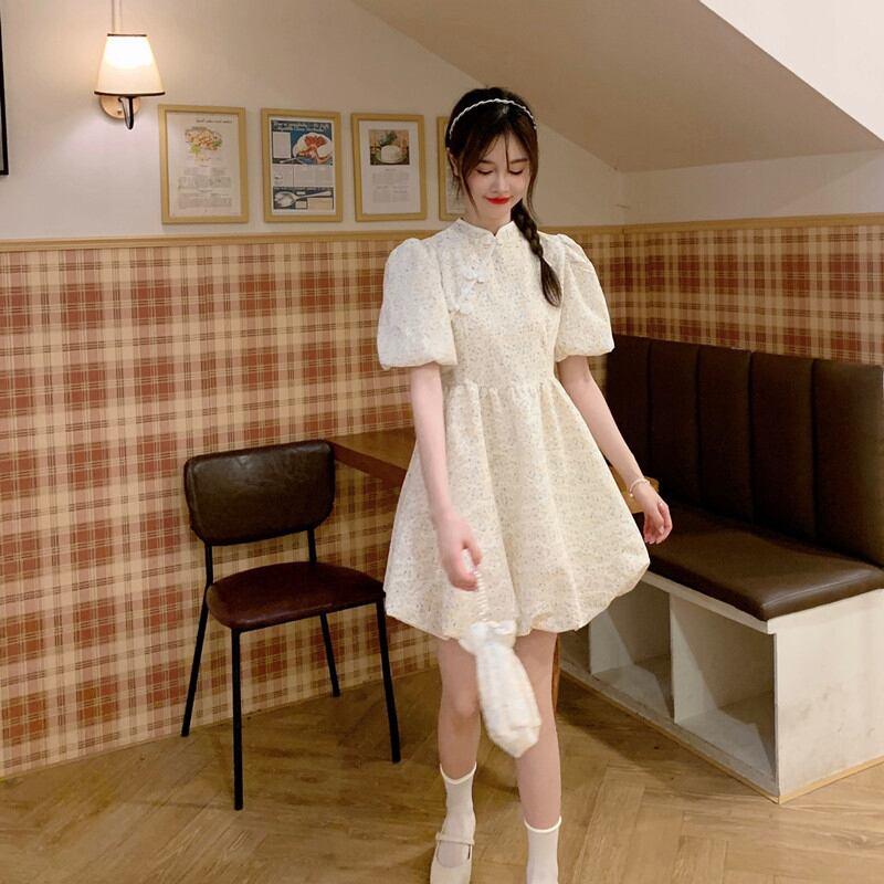 【家有貓醬シリーズ】★チャイナ風ワンピース★ 2COLOR ショート丈 超可愛い 着痩せ 青い ブルー イエロー M L - ChinChic