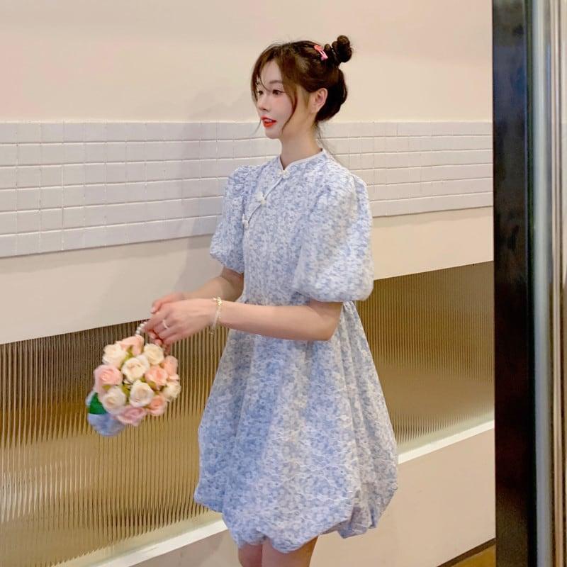【家有貓醬シリーズ】★チャイナ風ワンピース★ 2COLOR ショート丈 超可愛い 着痩せ 青い ブルー イエロー M L - ChinChic