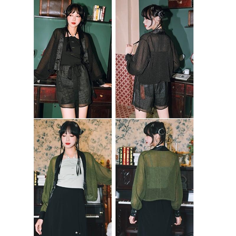 【古怪舍---霧時集シリーズ】★チャイナ風アウター★ 2COLOR 法被 オリジナル シフォン ブラック グリーン S M L - ChinChic