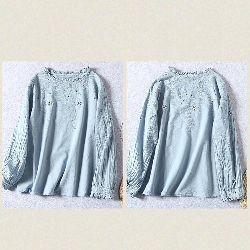 【清裊シリーズ】★チャイナ風トップス★ 2COLOR Tシャツ 透かし彫り カジュアル 文芸スタイル ホワイト ブルー - ChinChic