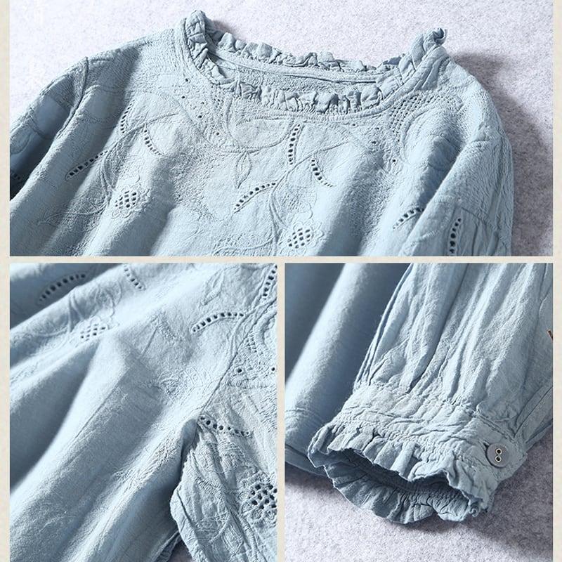 【清裊シリーズ】★チャイナ風トップス★ 2COLOR Tシャツ 透かし彫り カジュアル 文芸スタイル ホワイト ブルー - ChinChic