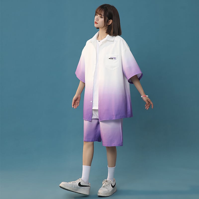 【藤伊曼シリーズ】4色 シャツ+短パン セットアップ 半袖 男女兼用 大きいサイズ グラデーション
