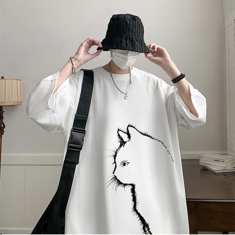 【CEXUシリーズ】3色展開 七分袖 Tシャツ 男女兼用 大きいサイズ 猫柄 黒 白 青