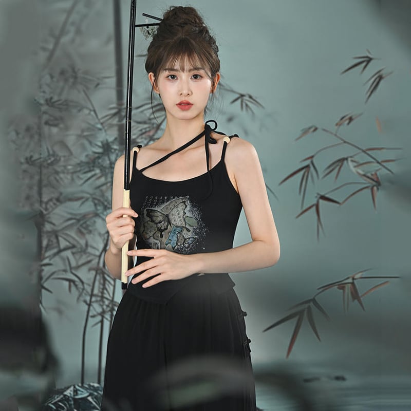 【森女部落---錦灰堆シリーズ】チャイナ風キャミソール タンクトップ プリント 蝶々 デザイン 夏服 個性的 ブラック