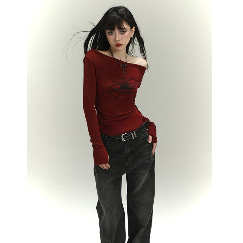 【LADYGHOSTシリーズ】オフショルダー セクシー トップス 個性的 ワインレッド 赤 着回ししやすい 公爵の服