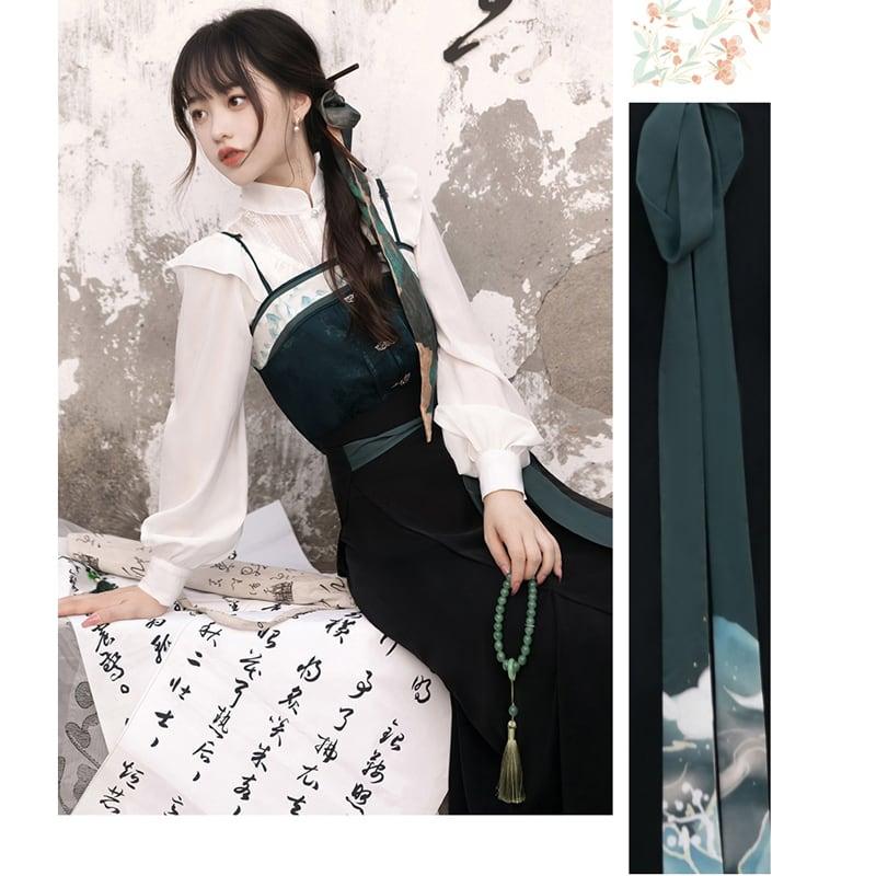 【楓竹---一抹青綠シリーズ】★チャイナ風セットアップ★ 3点セット シャツ+ベスト+まきスカート 中華服 - ChinChic