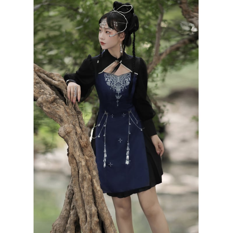 【塵煙雲夢---蝴蝶蠱シリーズ】チャイナ風ワンピース 切り替え 長袖 中華服 イベント デート 撮影 普段着 S M L