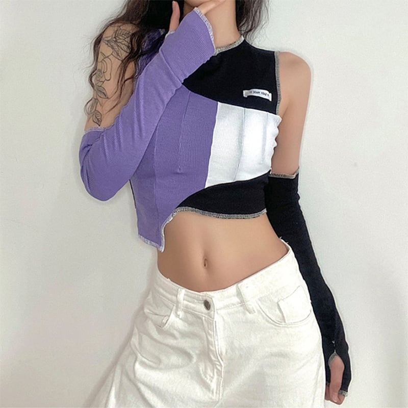 【KLIOUシリーズ】切り替えデザイン レディース Tシャツ おしゃれ セクシー ブラック パープル 不規則 トップス