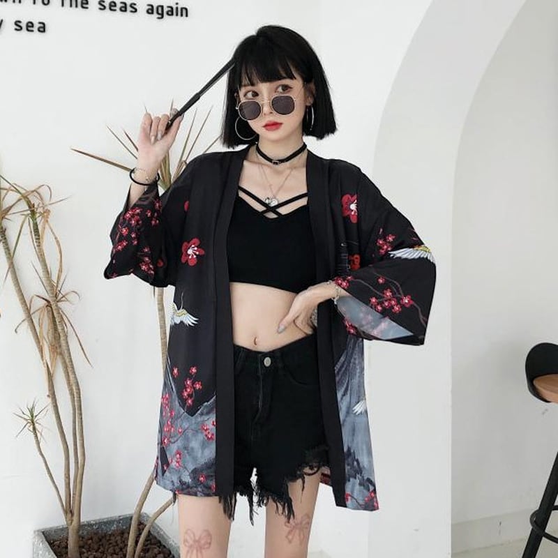 【潮我看シリーズ】ゆったり 鶴模様 法被 コットン 2色展開 原宿風 メンズ レディース カップル服 可愛い