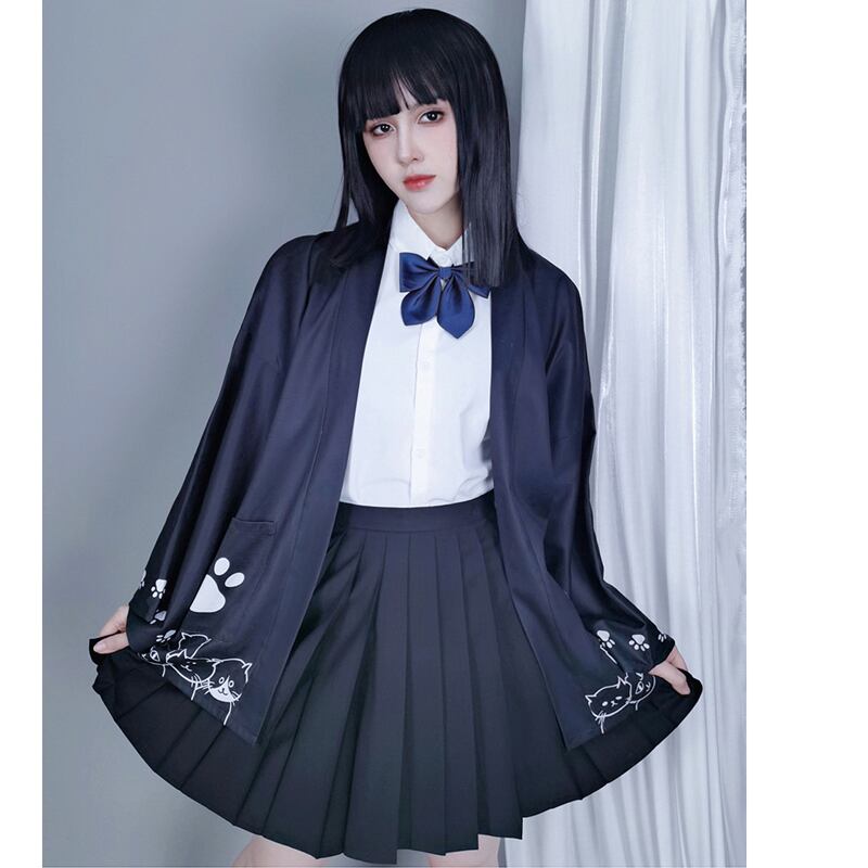 【倉寶兒屋シリーズ】チャイナ風法被 猫柄プリント 夏服 薄手 ブラック ライトグレー 2色